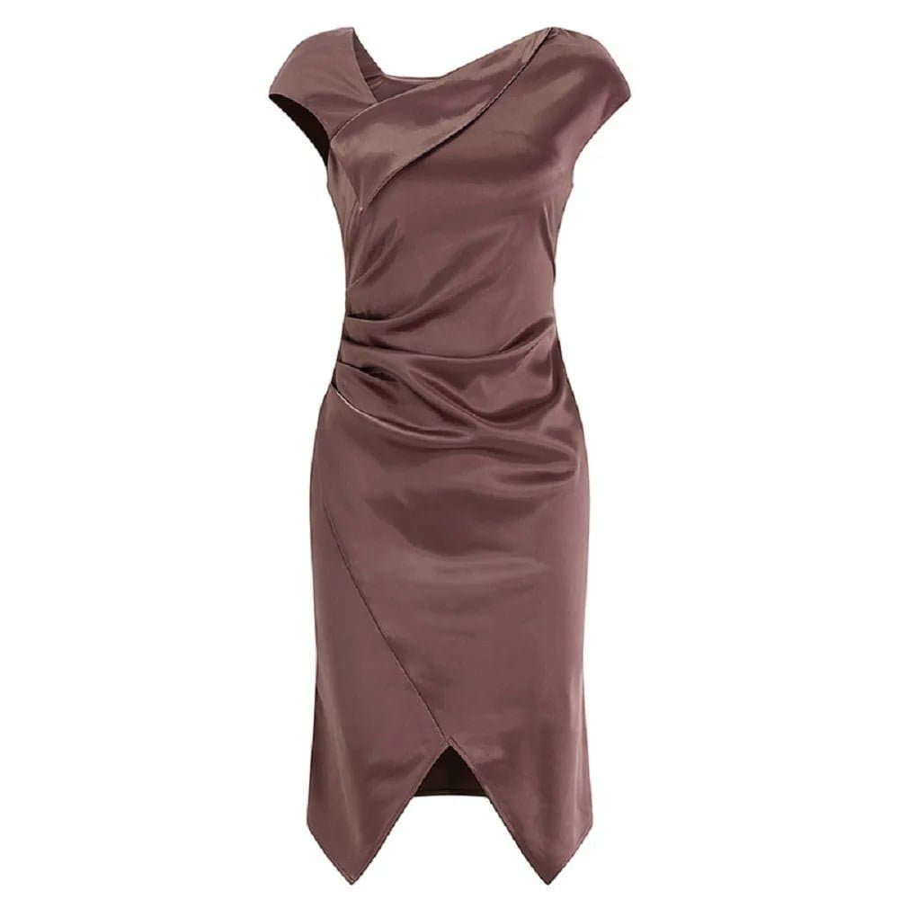 Slant Shoulder Pleated Dress - Solid O-Neck Office Lady Mid-Calf Dress - Wandering Woman