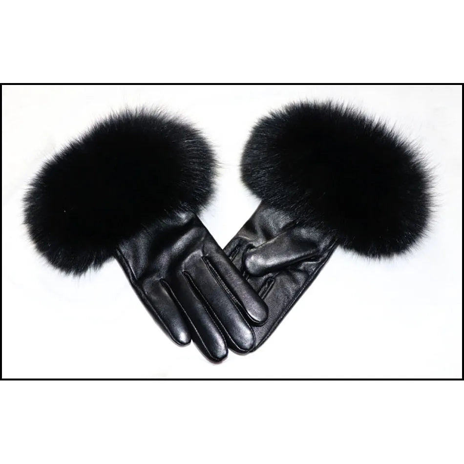 a pair of black leather gloves with fur cuffs