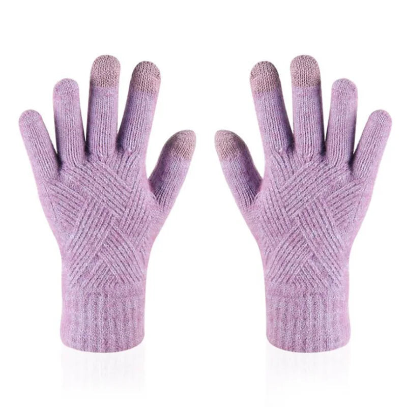 a pair of purple knitted gloves on a white background