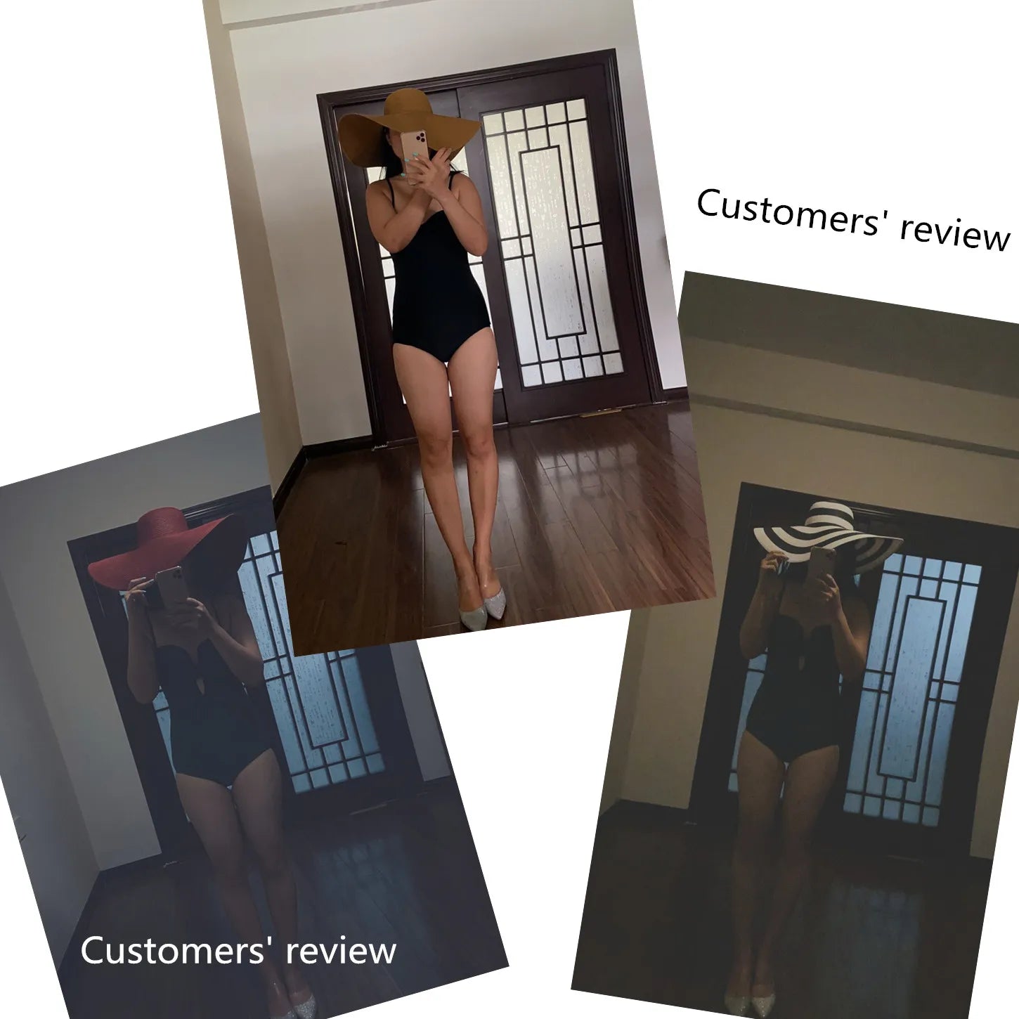 three pictures of a woman in a black swimsuit