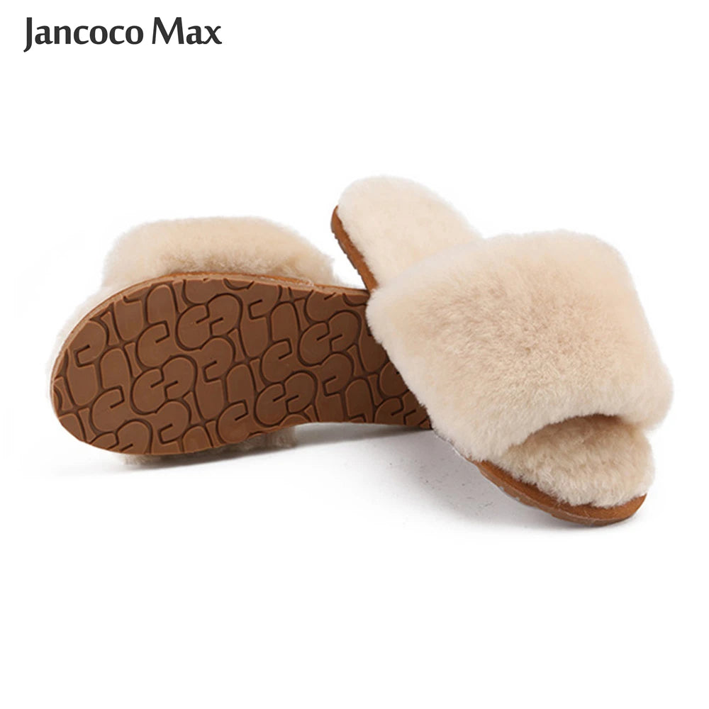 a pair of sheepskin slippers on a white background