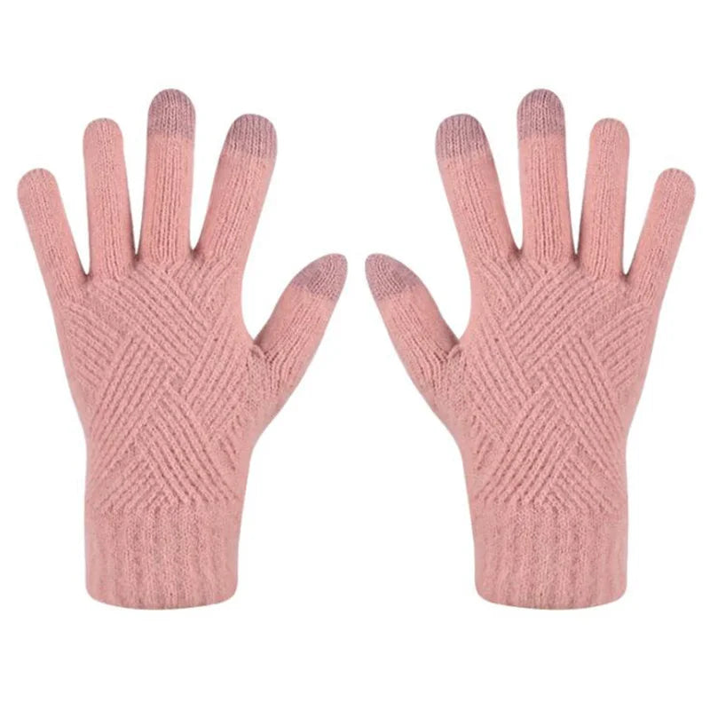 a pair of pink knitted gloves on a white background