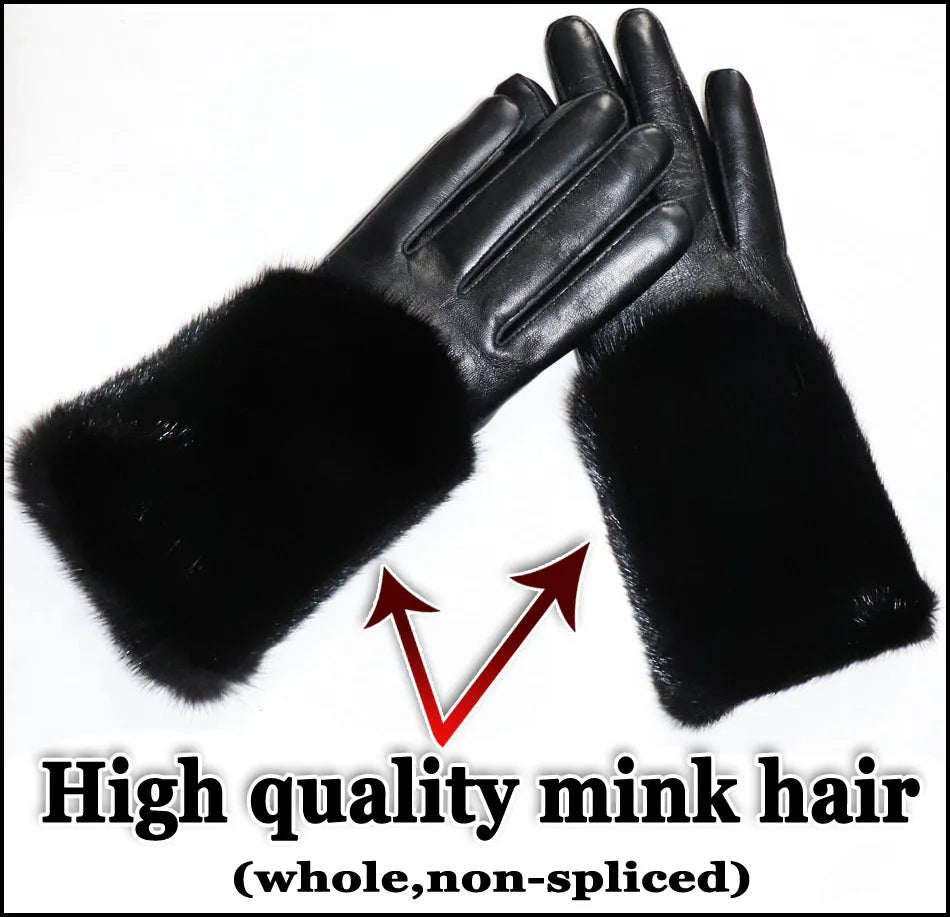 a pair of black leather gloves with a high quality mink hair