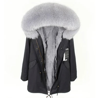 a black parka with a fur hood