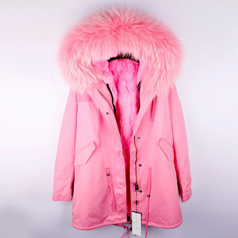 a pink parka with a fur hood