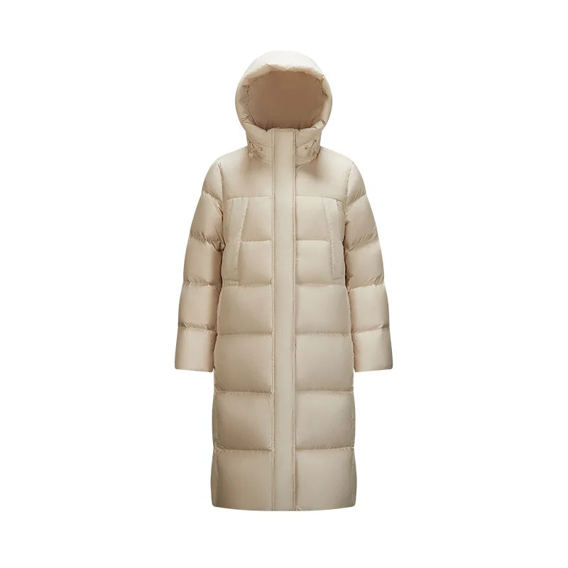 a women's long down coat with a hood