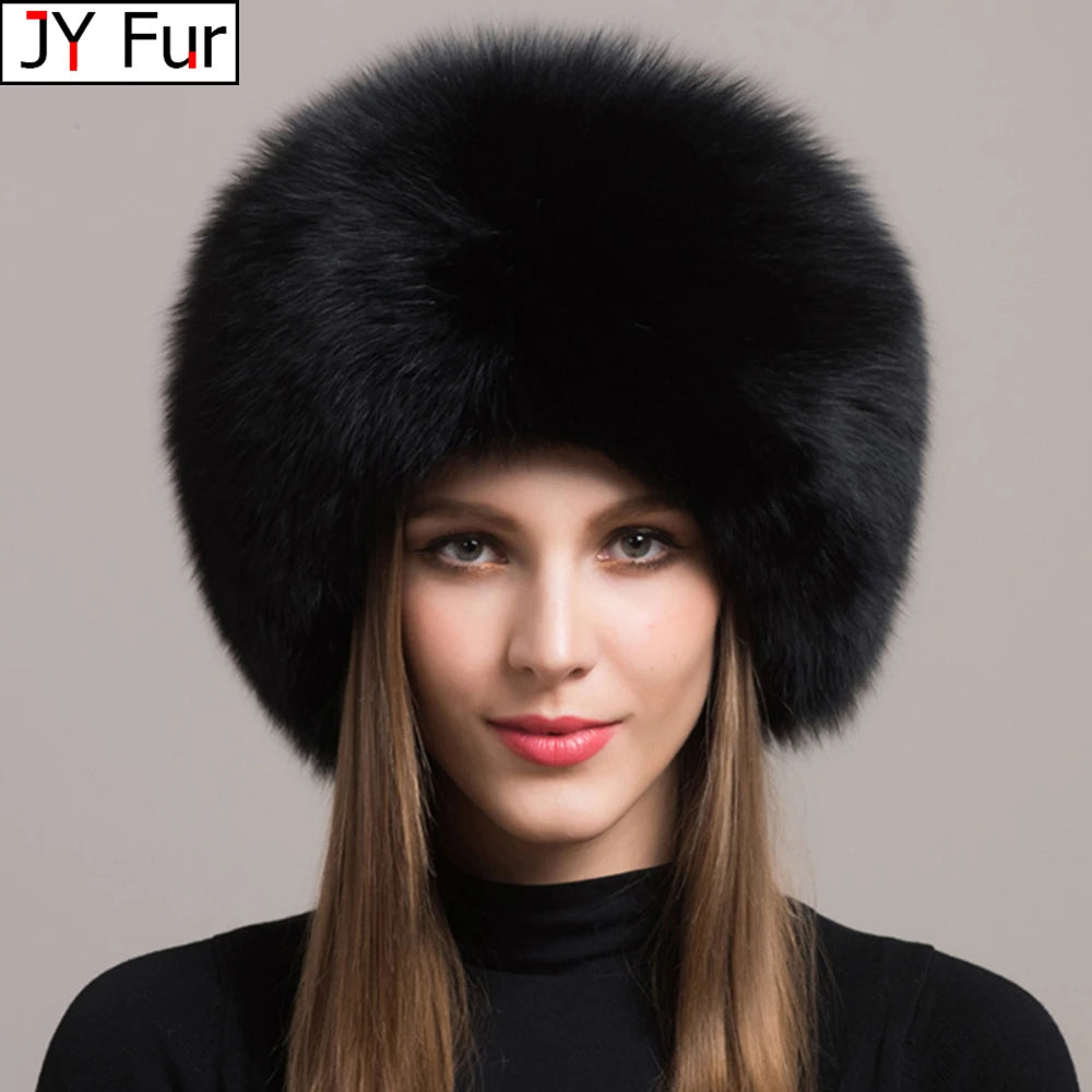 Stylish black natural fox fur hat on a model, showcasing its luxurious look and warmth.