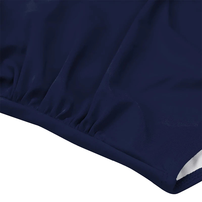 a close up of a navy blue shirt with white piping