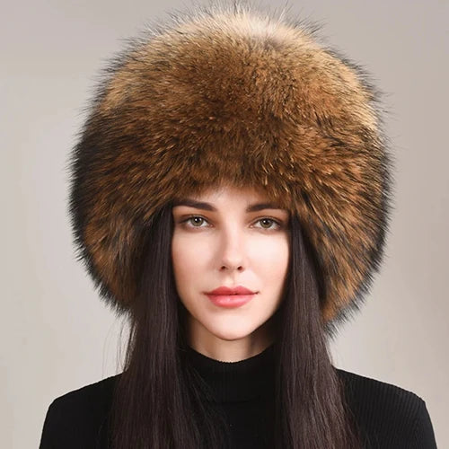 Breathtaking brown natural fox fur hat worn by a model, featuring a beautiful warm color.