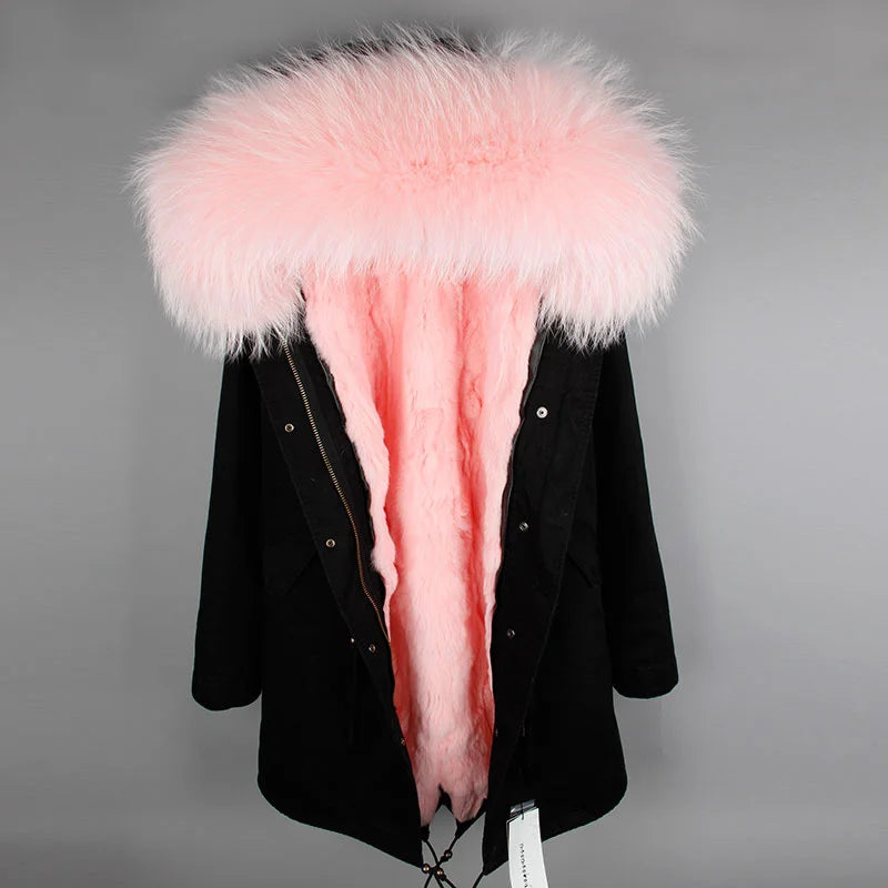 a black coat with a pink fur collar