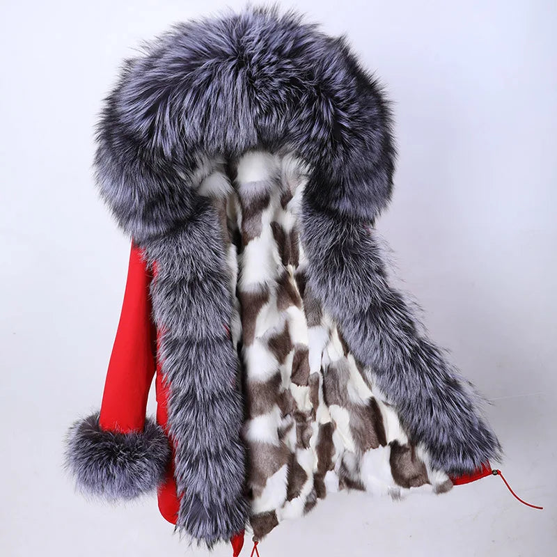 a fur coat with a red hood and a giraffe pattern