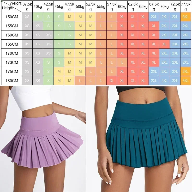 Size chart for high waist tennis skirts, illustrating different size recommendations alongside images of skorts.