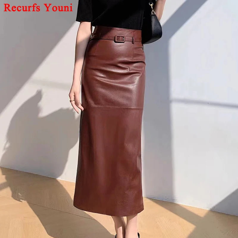 a woman wearing a brown leather skirt