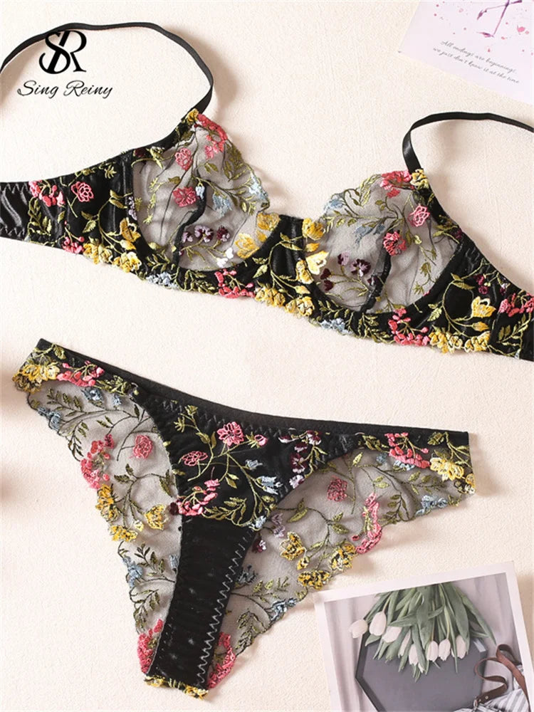 two women's bras with flowers on them