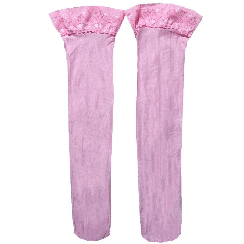 a pair of pink thigh high stockings with ruffles