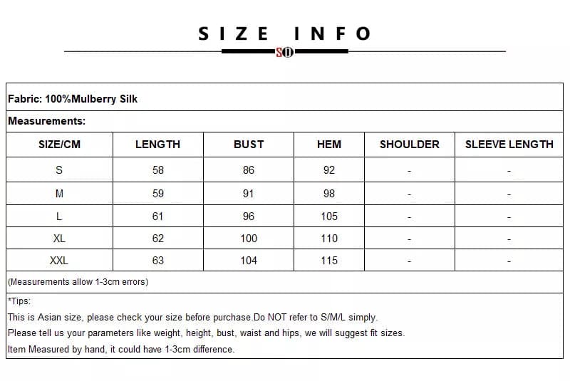 Silk O neck Camisole Size Chart