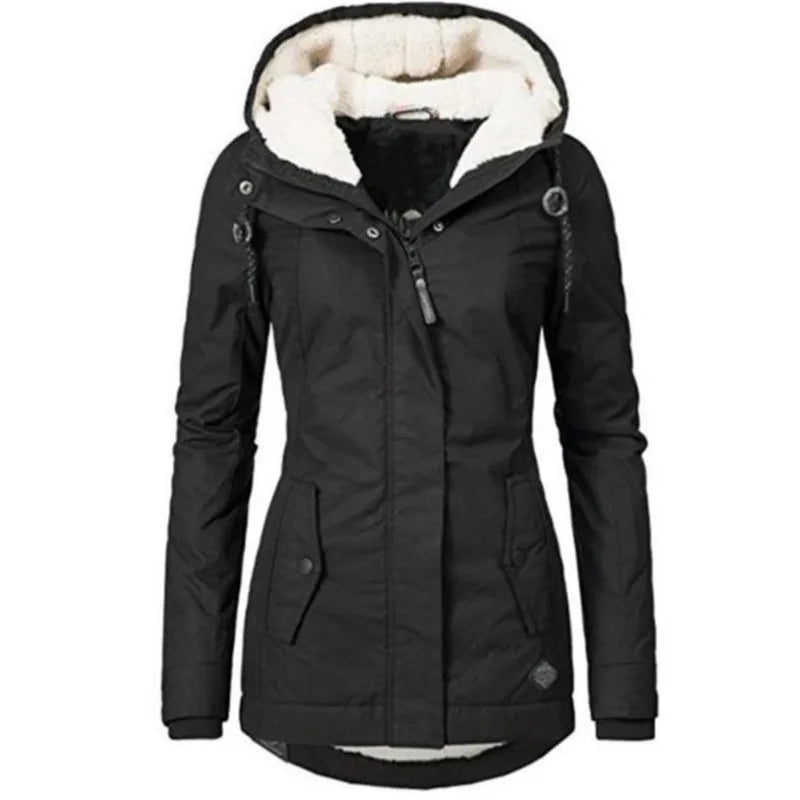 a women's winter coat with a hood