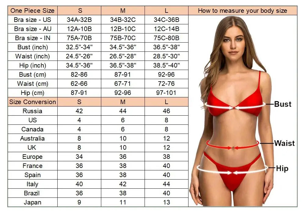 a woman in a red bikini top measurements chart