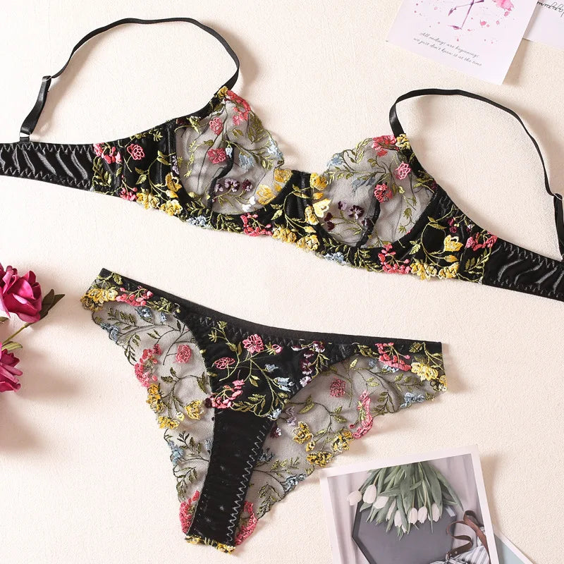 two women's bras with flowers on them