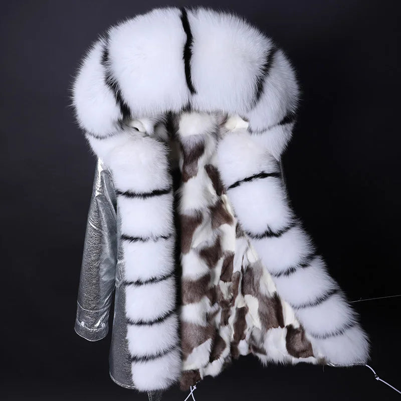 a white and brown fur coat on a black background