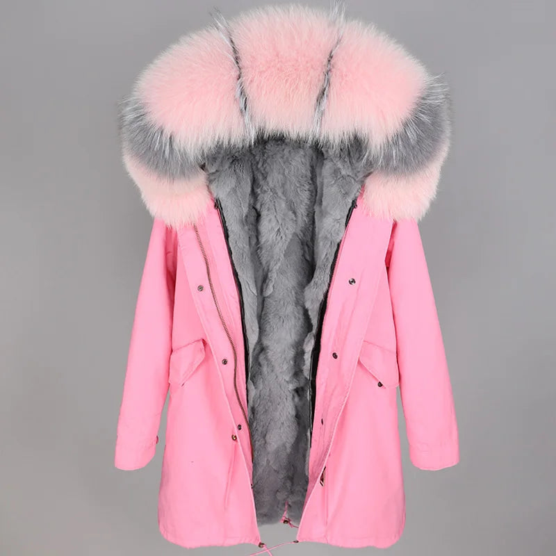 a pink parka with a fur collar