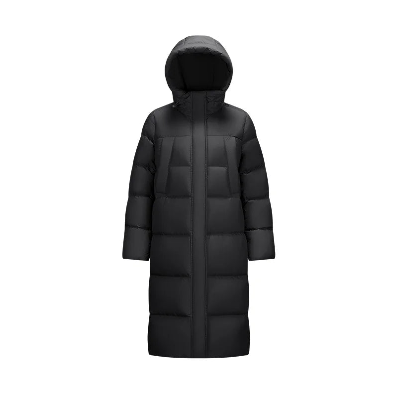 a long black down coat with a hood