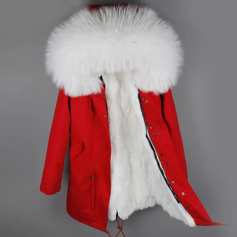 a red coat with a white fur collar