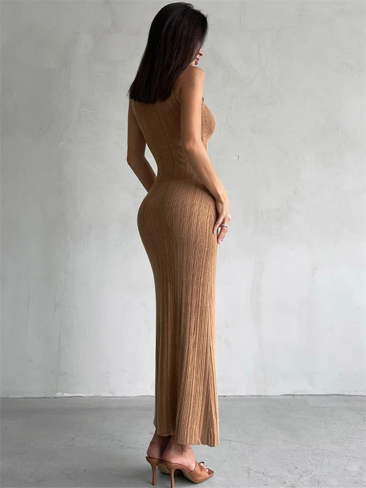 Sleeveless Knit Maxi Dress - High Stretch, A-Line Silhouette, Mid-Calf Length