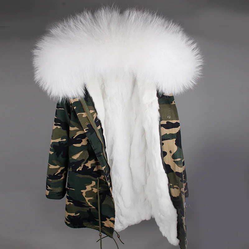 a camouflage jacket with a white fur collar