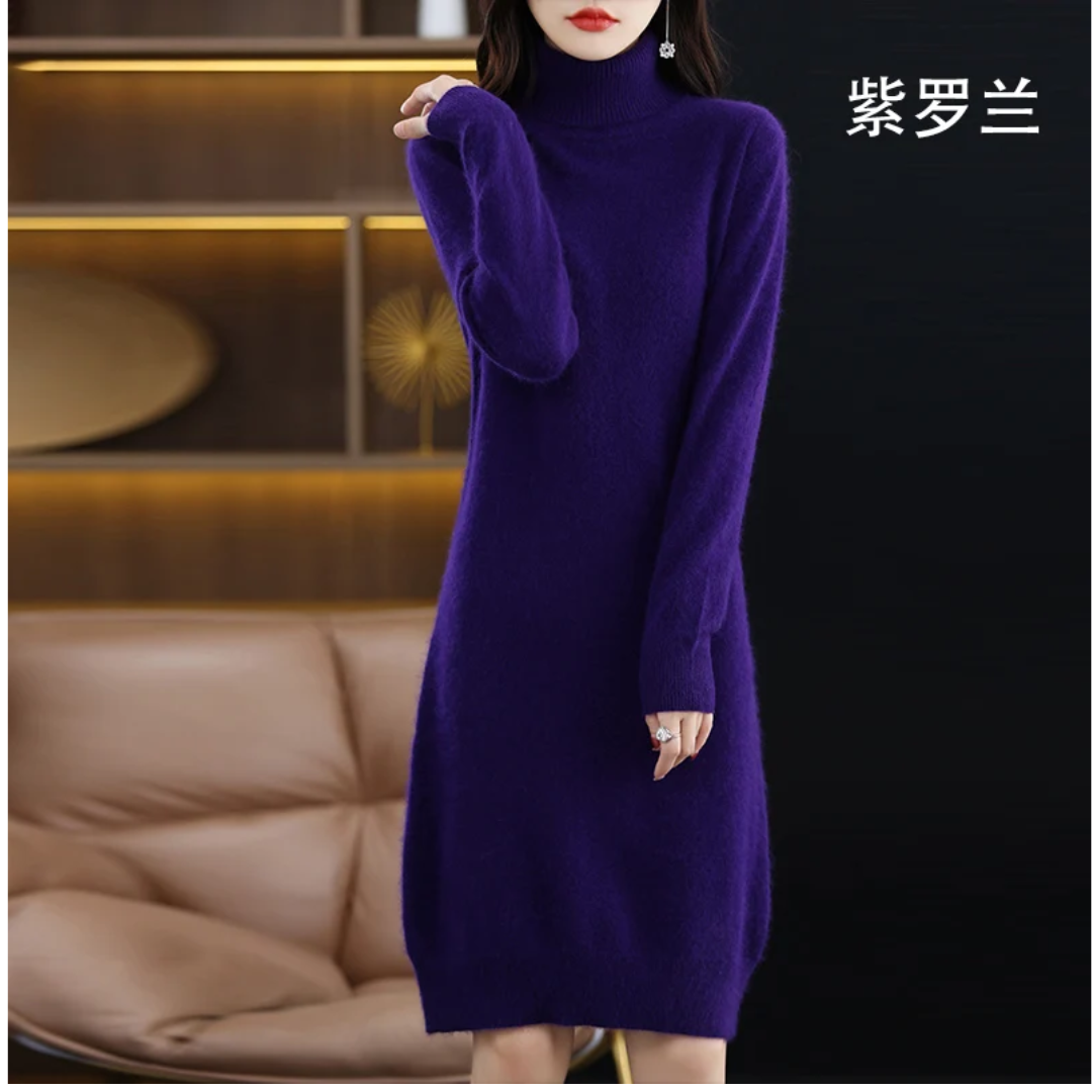 a woman in a purple sweater dress