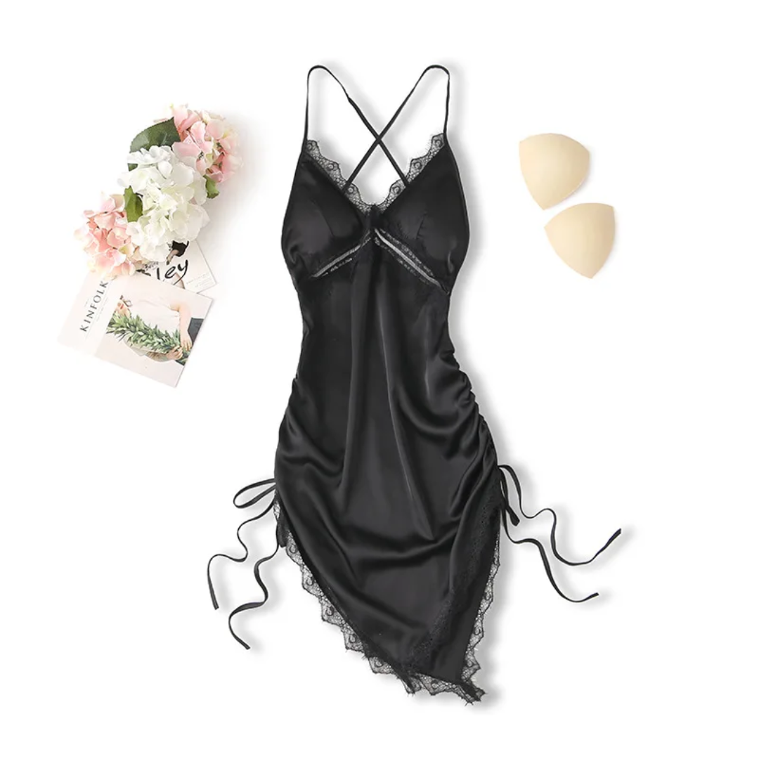 a women's black lingerie and a flower