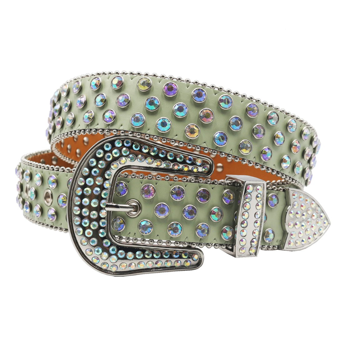 a belt with a metal buckle and crystal stones