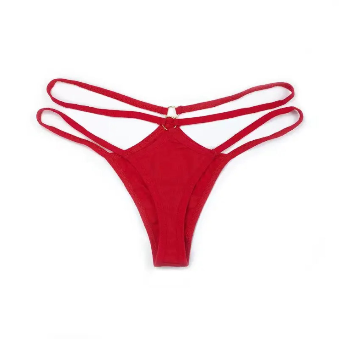 a women's red bikini top with straps
