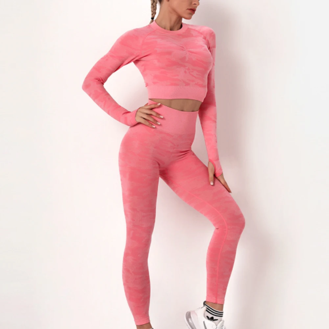 a woman in a pink top and leggings