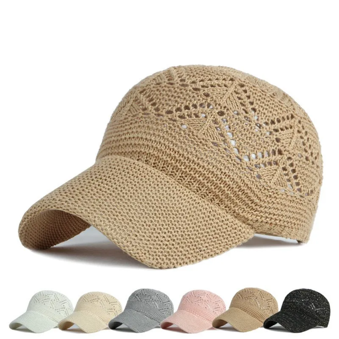 a women's hat with a crochet pattern