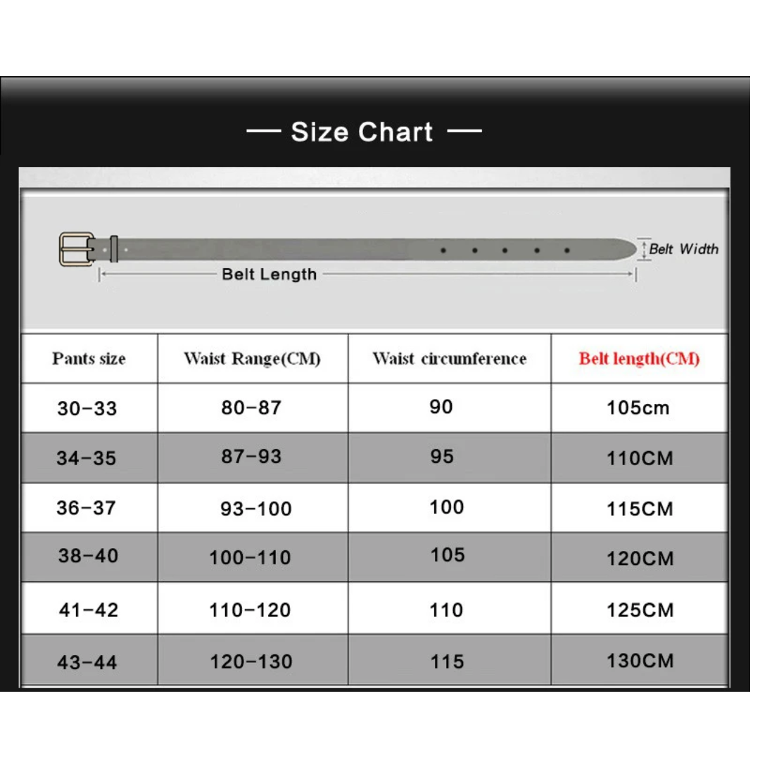 the size chart for the belt length chart