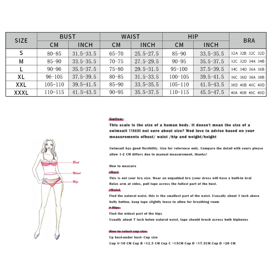 a women's swimsuit measurements chart with measurements
