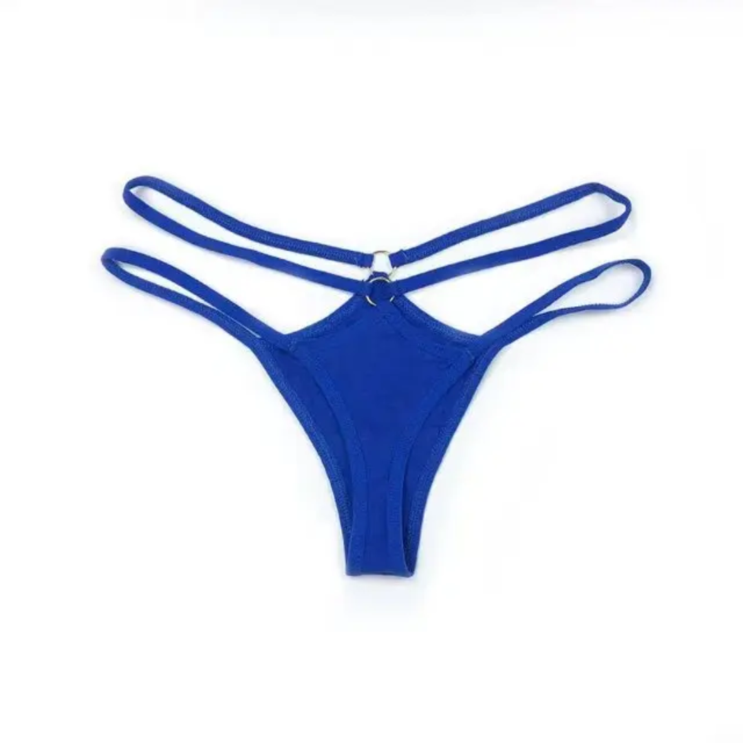 a blue bikini top with a tie around the bottom
