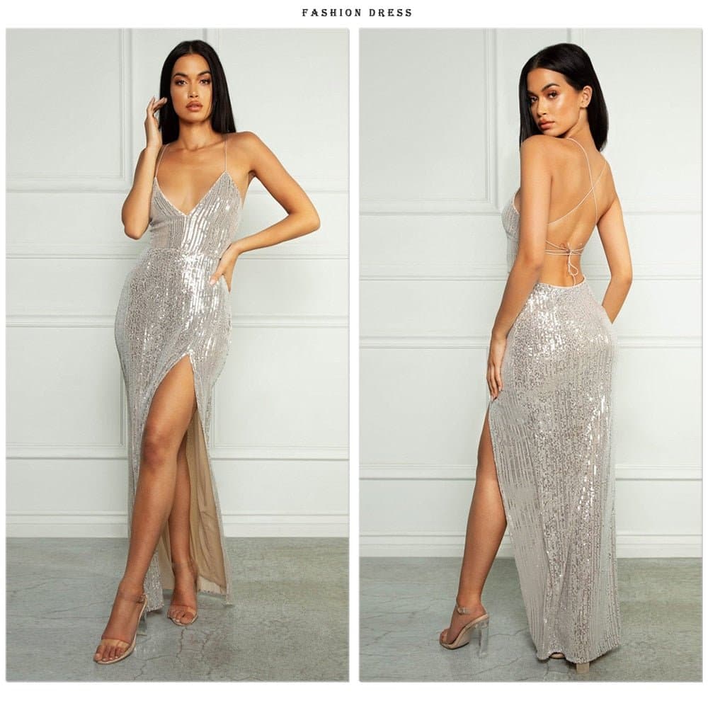 Backless Lace Up Sequin Evening Dress - Wandering Woman