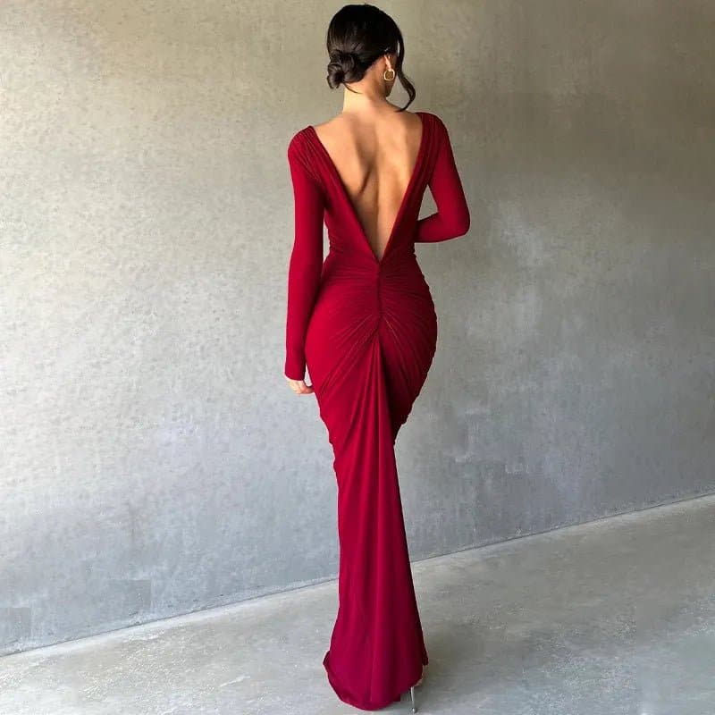 Backless Ruched Maxi Dress - Slim Fit, Sequined Bohemian Style, Floor-Length, Asymmetrical Neckline - Wandering Woman