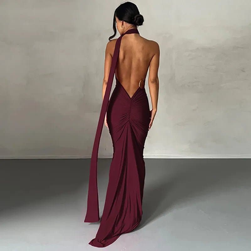 Backless Ruched Maxi Dress - Slim Fit, Sequined Bohemian Style, Floor-Length, Asymmetrical Neckline - Wandering Woman