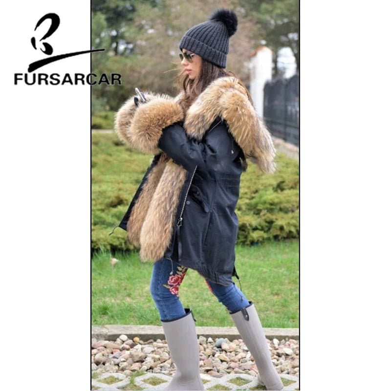 Black Military Parka with Real Fur Trimmed Women Coats - Wandering Woman