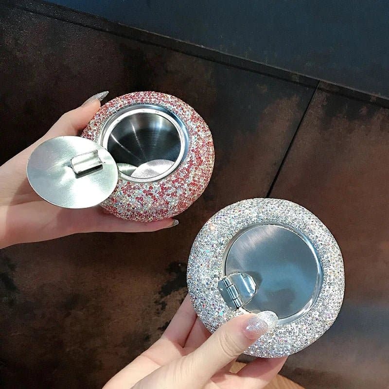 Bling Travel Ashtray - Portable Round Alloy Ashtray with Rhinestones - Wandering Woman