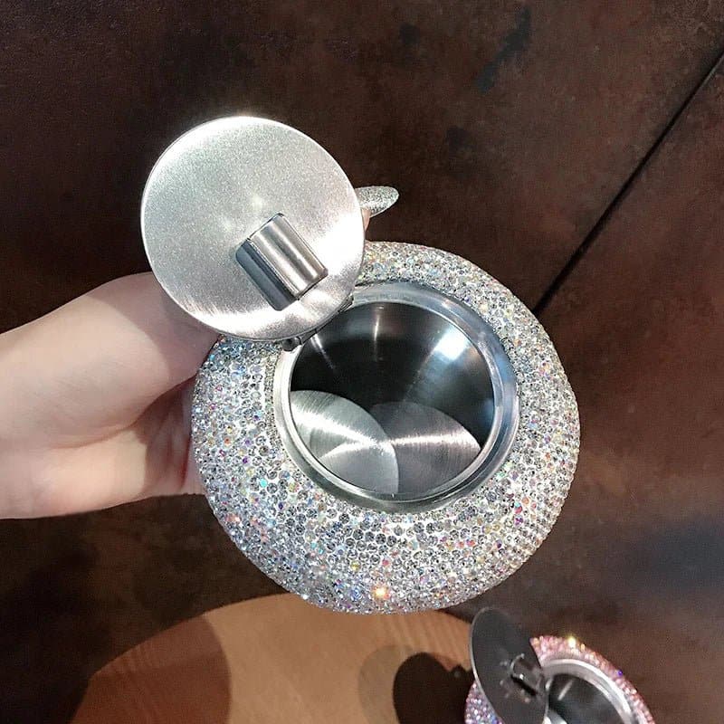 Bling Travel Ashtray - Portable Round Alloy Ashtray with Rhinestones - Wandering Woman