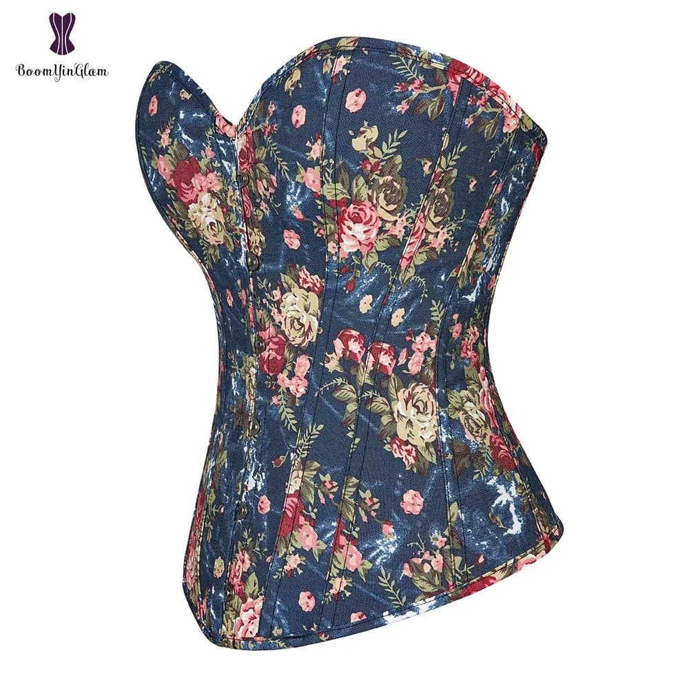 Blue Floral Bustier - Women Everyday Corset for Waist Training & Slimming - Wandering Woman