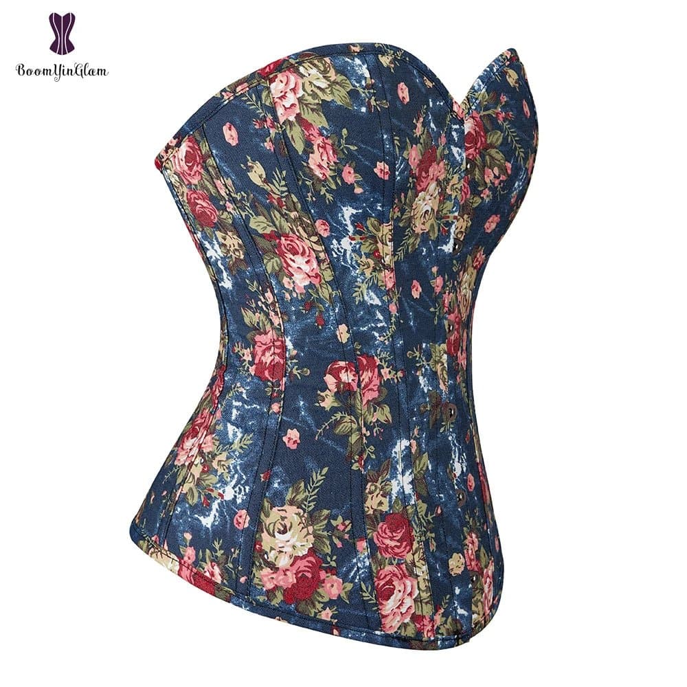 Blue Floral Bustier - Women Everyday Corset for Waist Training & Slimming - Wandering Woman