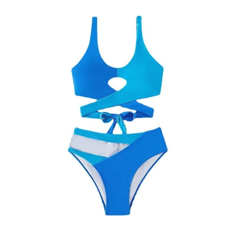 Blue Patchwork Bikini Set - Low Waist, Strappy Bathing Suit for Women - Wandering Woman