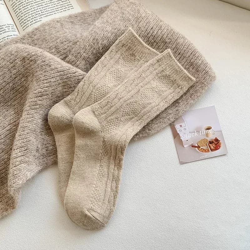 Cashmere Wool Socks for Women - Thick Winter Middle Tube Casual Sock - One Size, Solid Pattern - Wandering Woman