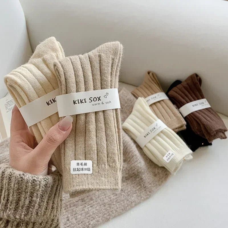 Cashmere Wool Socks for Women - Thick Winter Middle Tube Casual Sock - One Size, Solid Pattern - Wandering Woman