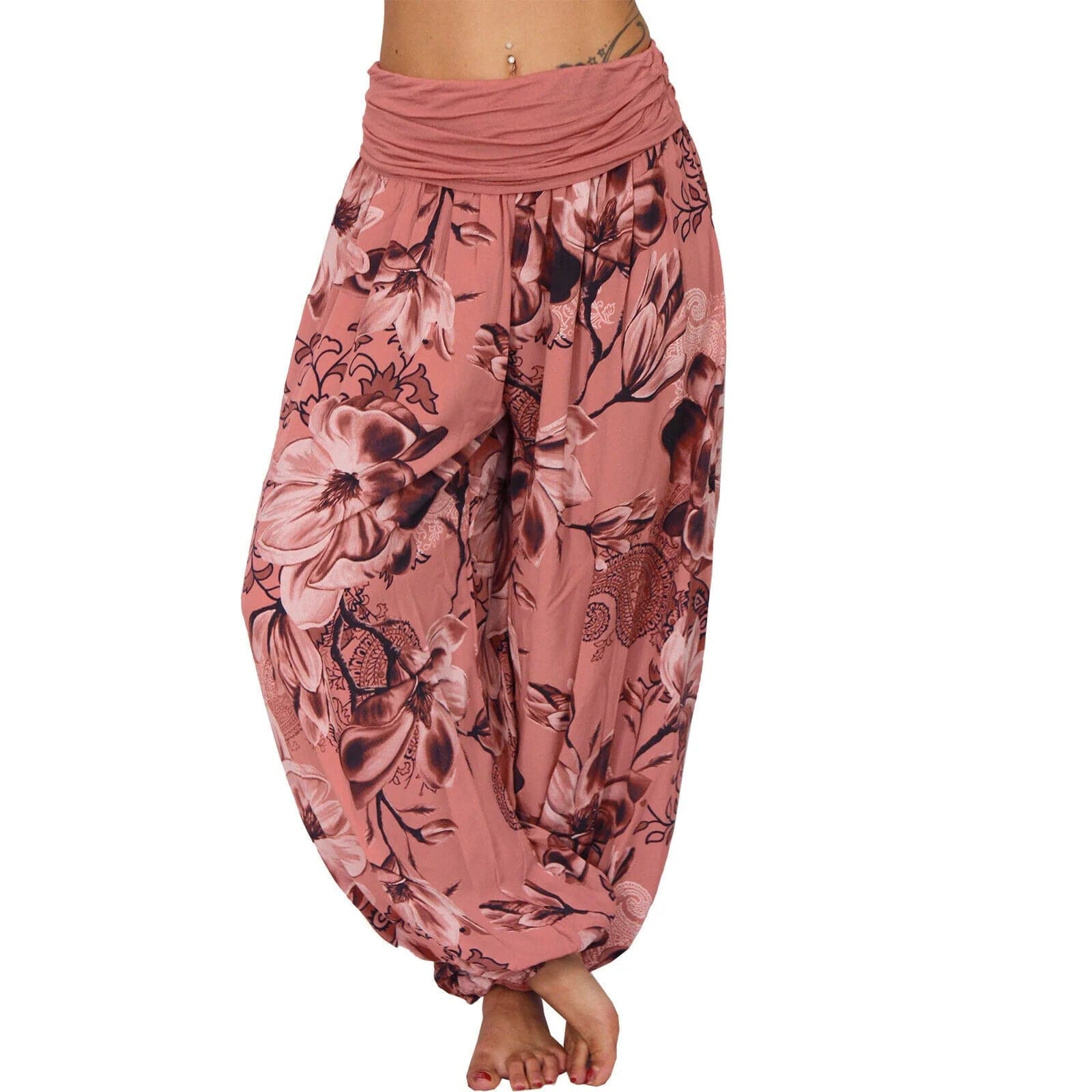Casual Wide Leg Harem Pants - Cotton Polyester Blend, Elastic Waist, Loose Fit, Full Length - Wandering Woman